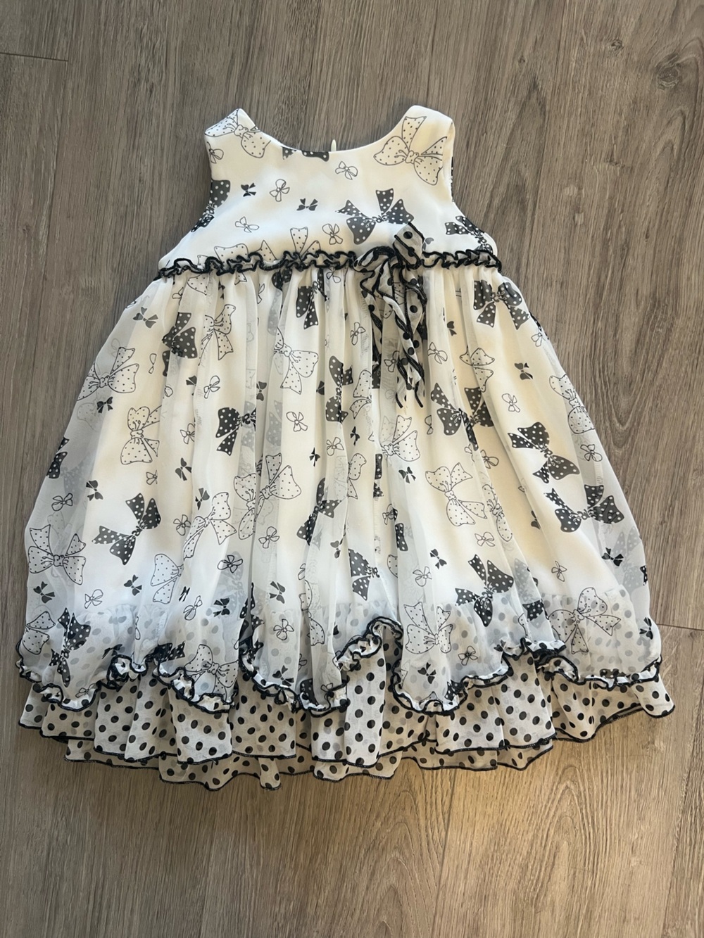 Isobella & Chloe White Dress with Black Bow & Polka Dot Accents